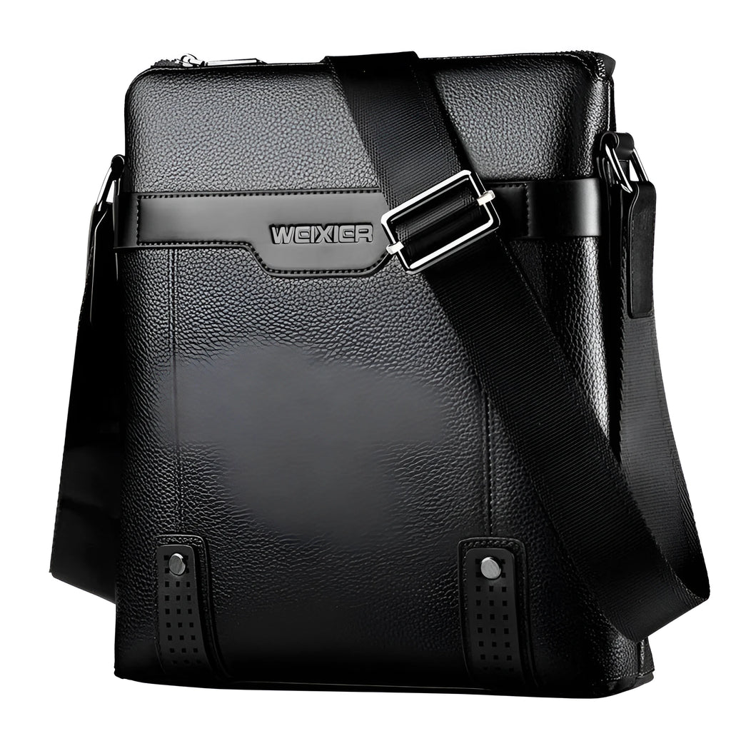 Black PU leather men's square shoulder bag with a zipper and adjustable strap.