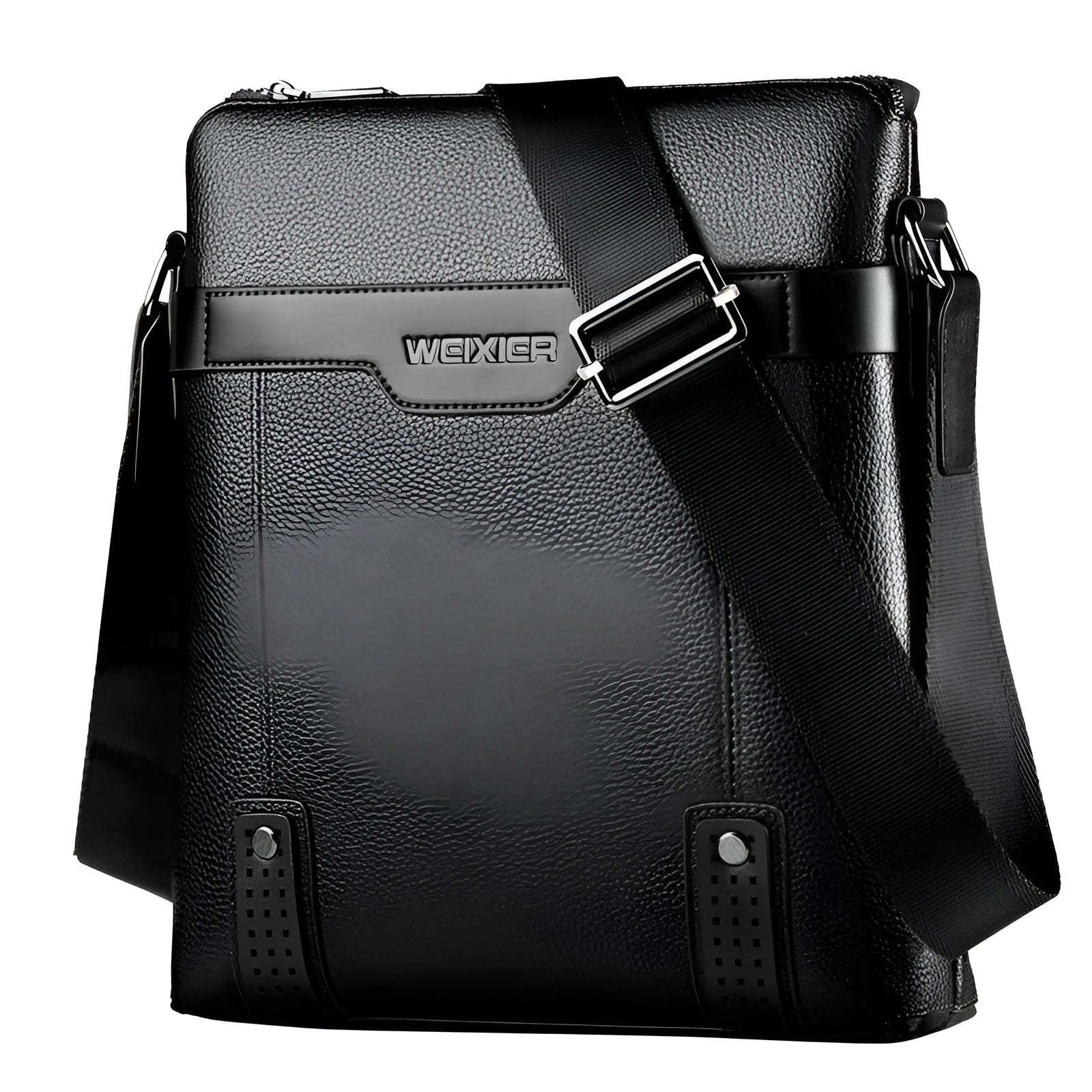 Black PU leather men's square shoulder bag with a zipper and adjustable strap.