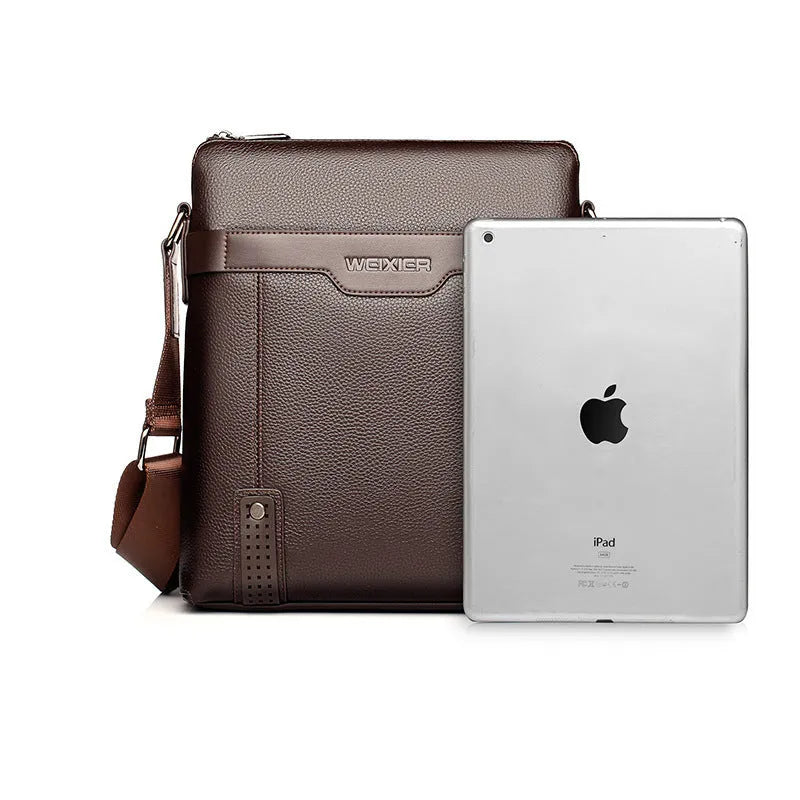 Black PU leather men's square shoulder bag with a zipper and adjustable strap.