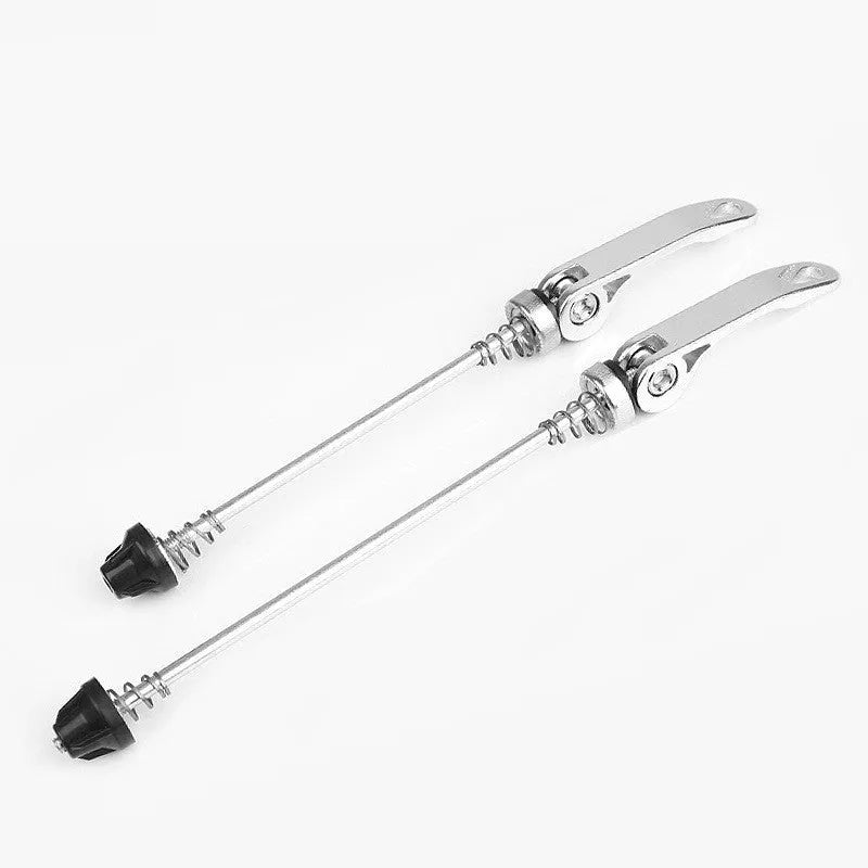 Bicycle quick release lever with galvanised iron rod and coloured aluminium handle on a bike hub.