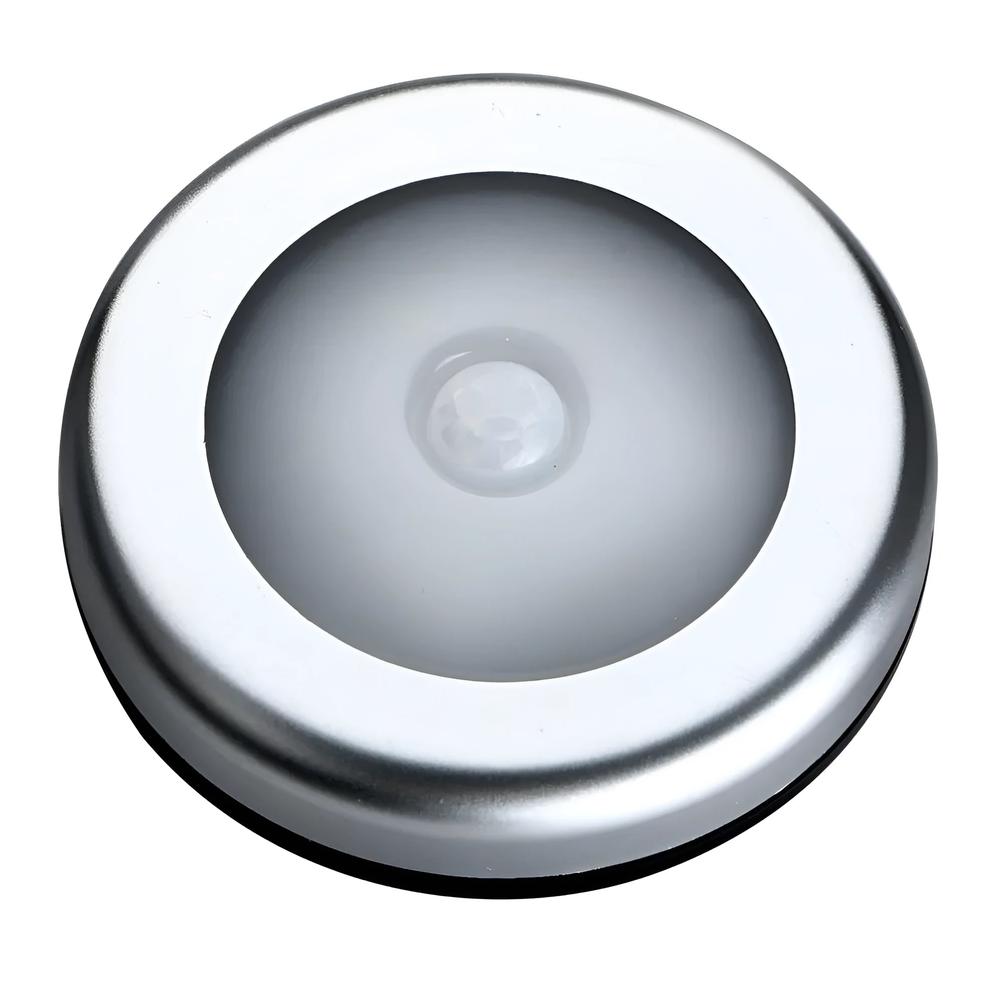 Silver square wireless motion sensor night light with compact 80mm design on a surface.