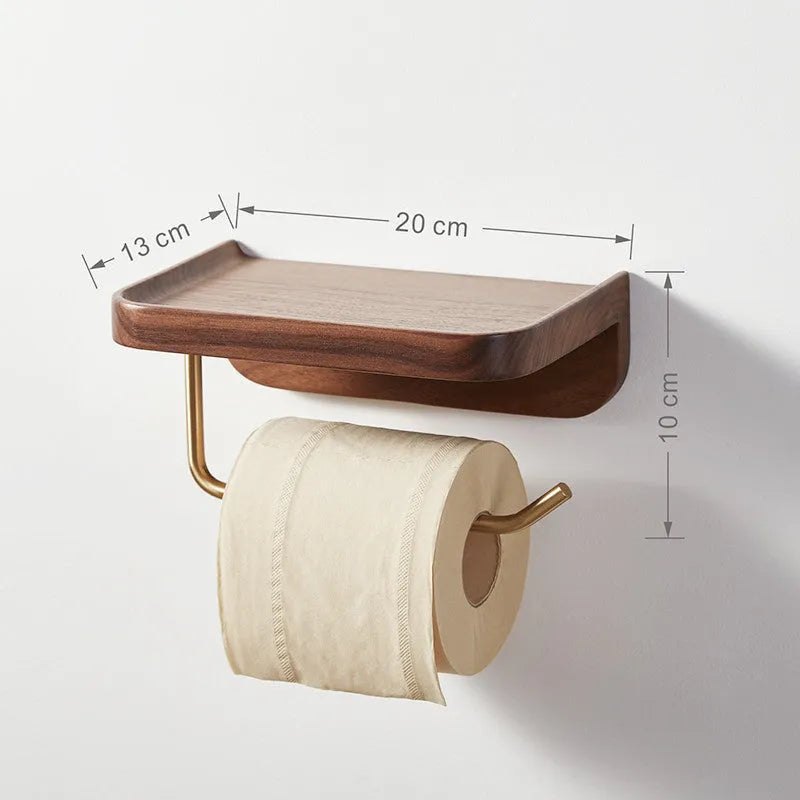 Solid walnut wood wall-mounted paper towel rack with brass fittings