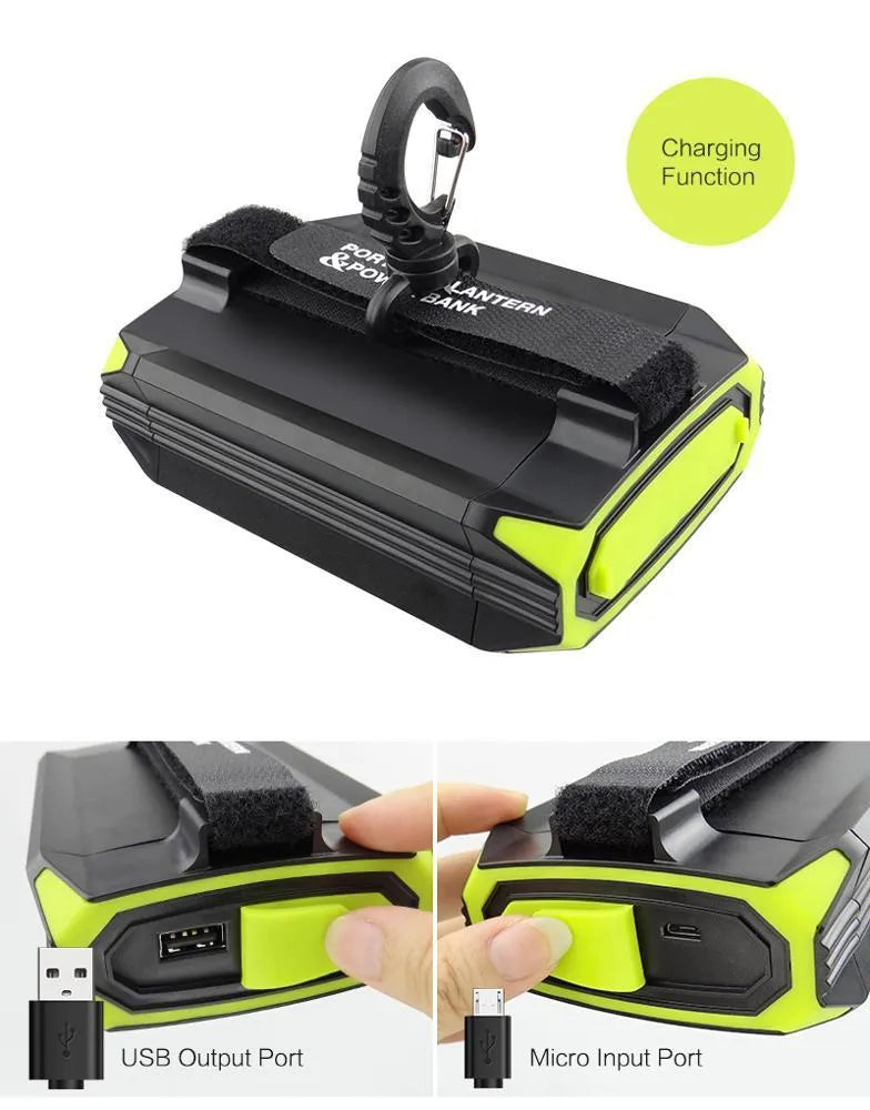 Green aluminium alloy rechargeable camping light with LED array and power bank function