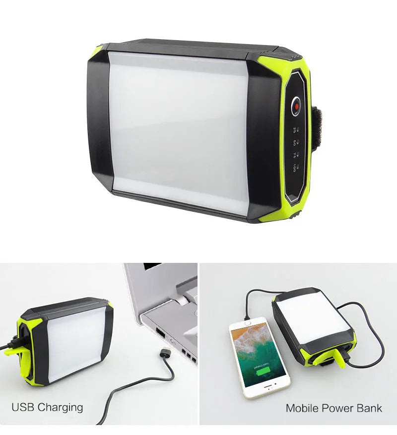 Green aluminium alloy rechargeable camping light with LED array and power bank function