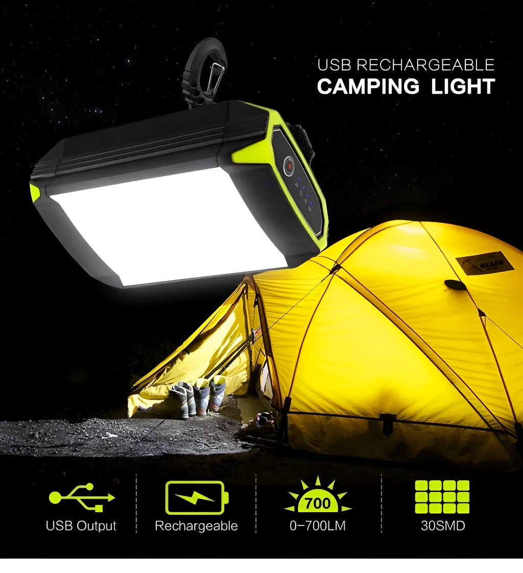 Green aluminium alloy rechargeable camping light with LED array and power bank function