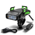 Rechargeable bicycle light in black, blue, green, and red colours with handlebar mount for night riding