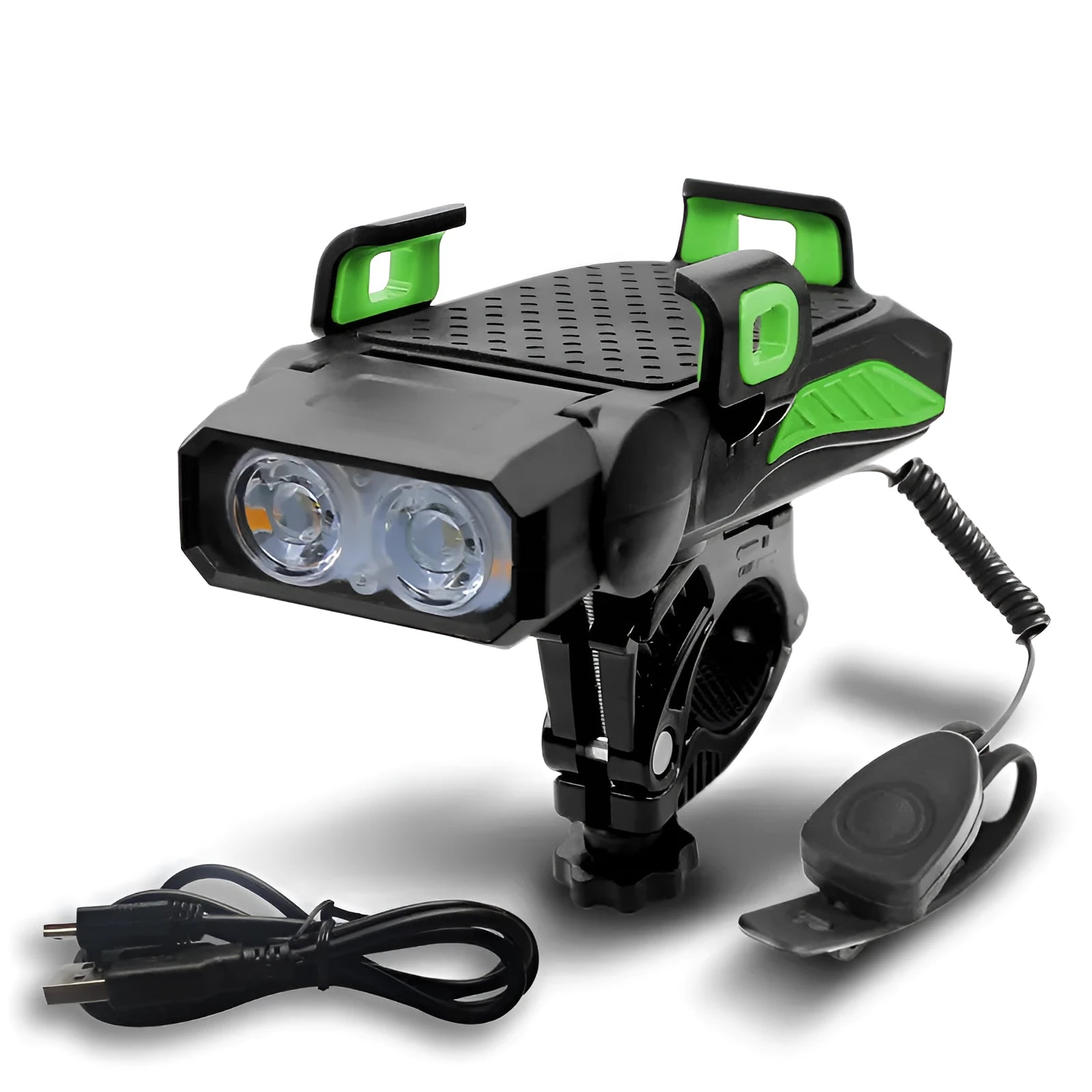 Rechargeable bicycle light in black, blue, green, and red colours with handlebar mount for night riding