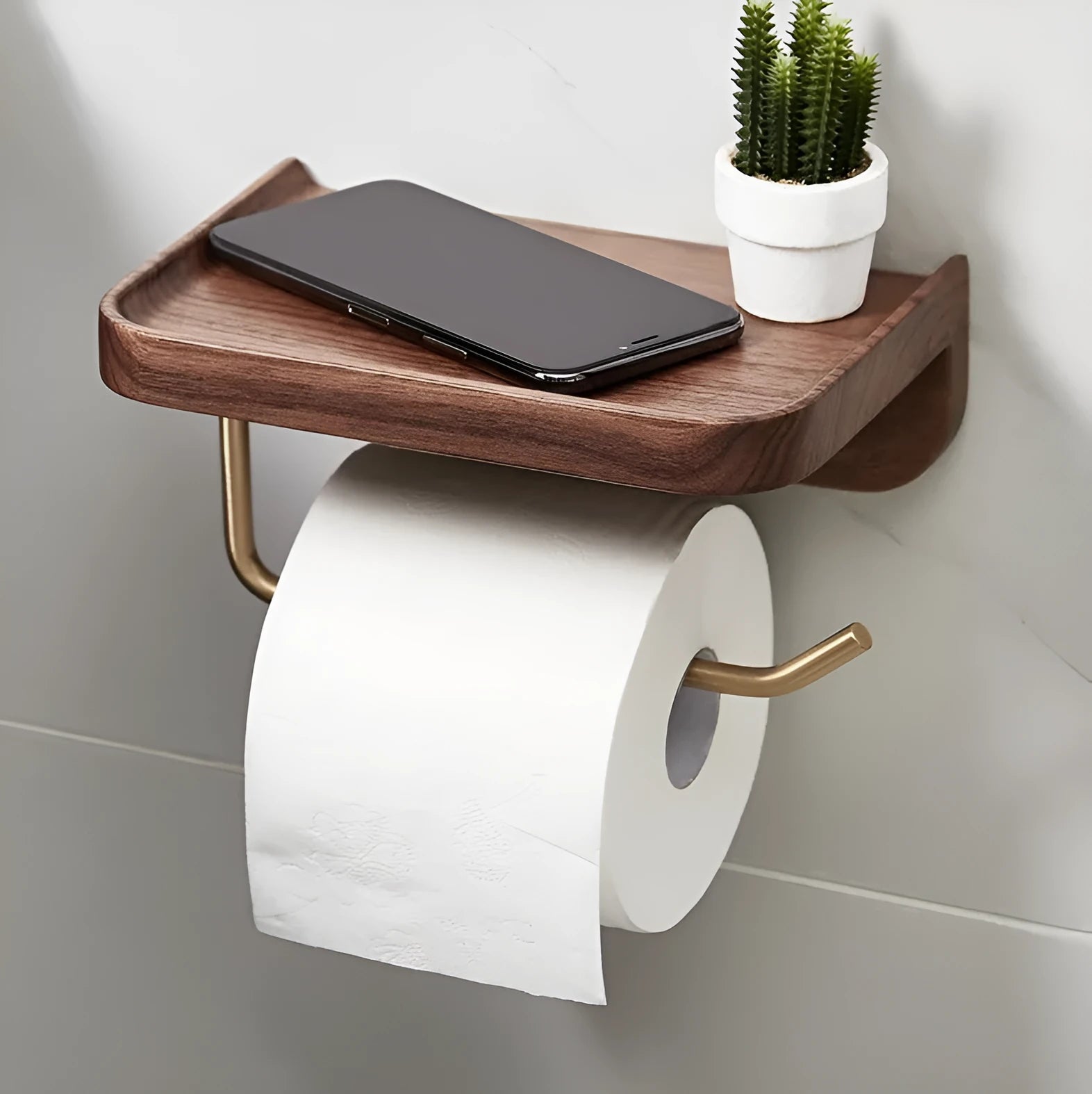 Solid walnut wood wall-mounted paper towel rack with brass fittings