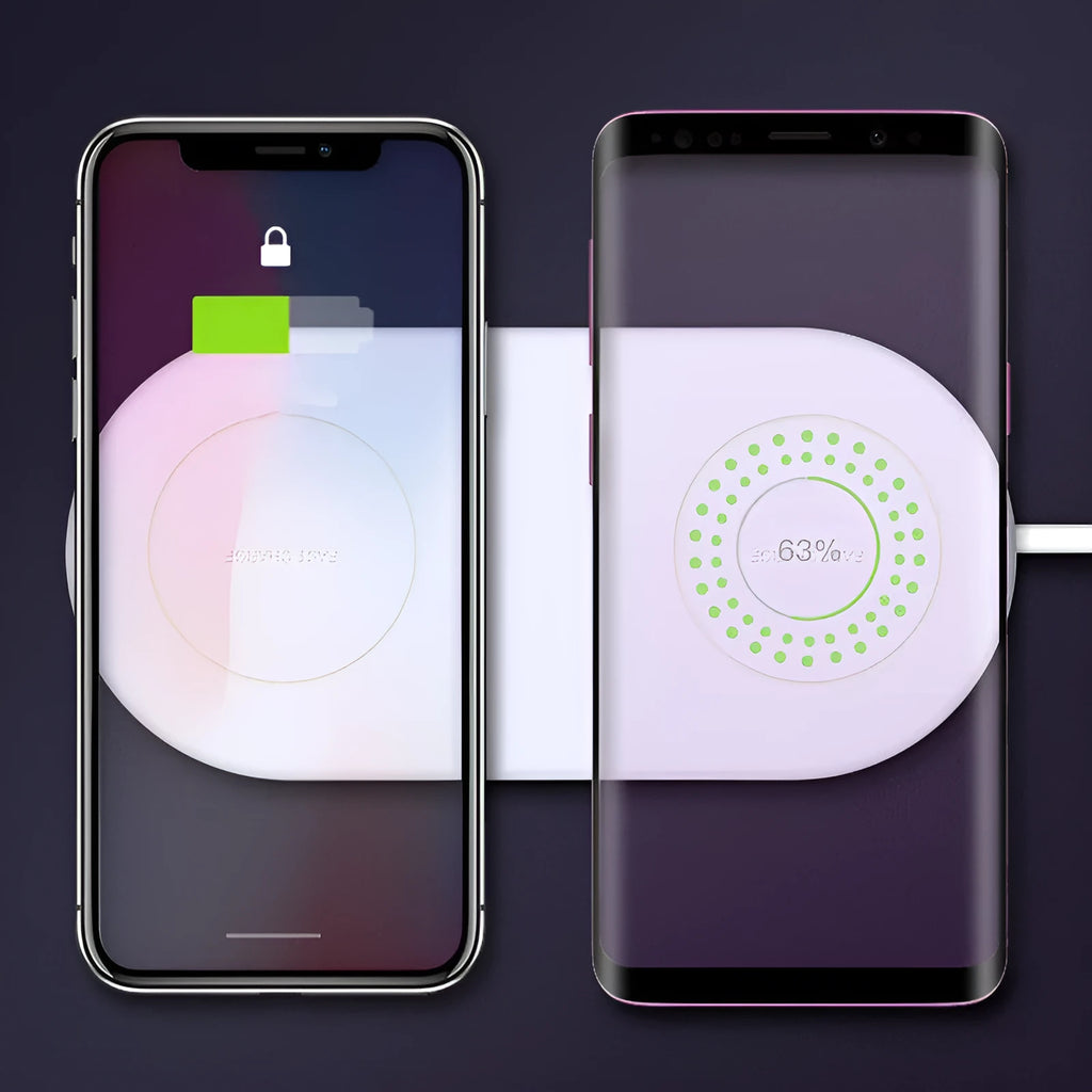 White dual wireless charging station for two mobile phones