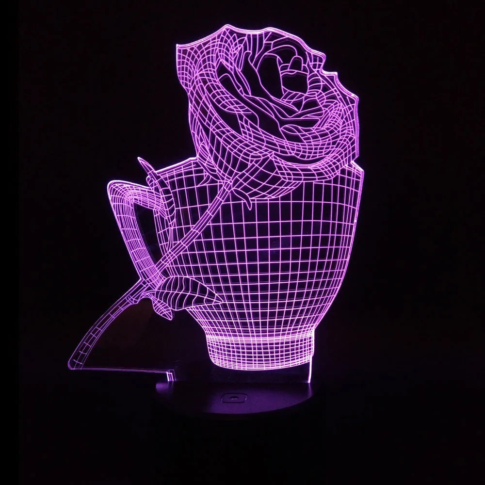 3D rose-shaped LED night light showing colour-changing glow on acrylic panel with ABS base.