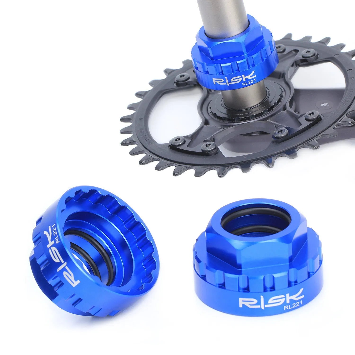 Blue aluminium bicycle chainring removal tool for Shimano 12-speed direct mount cranksets.