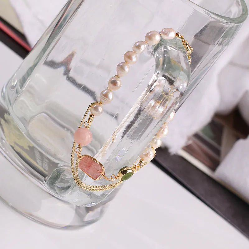 Women's pink freshwater pearl bracelet with geometric strawberry crystal design