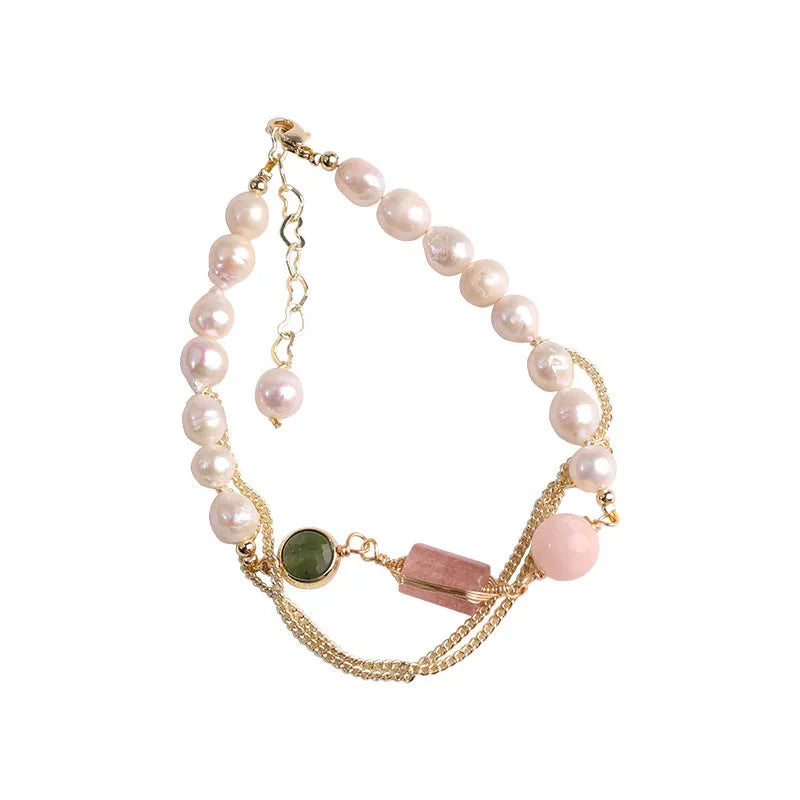 Women's pink freshwater pearl bracelet with geometric strawberry crystal design