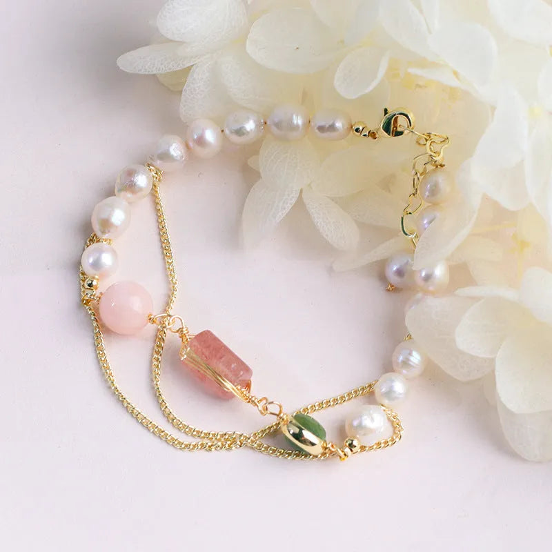 Women's pink freshwater pearl bracelet with geometric strawberry crystal design