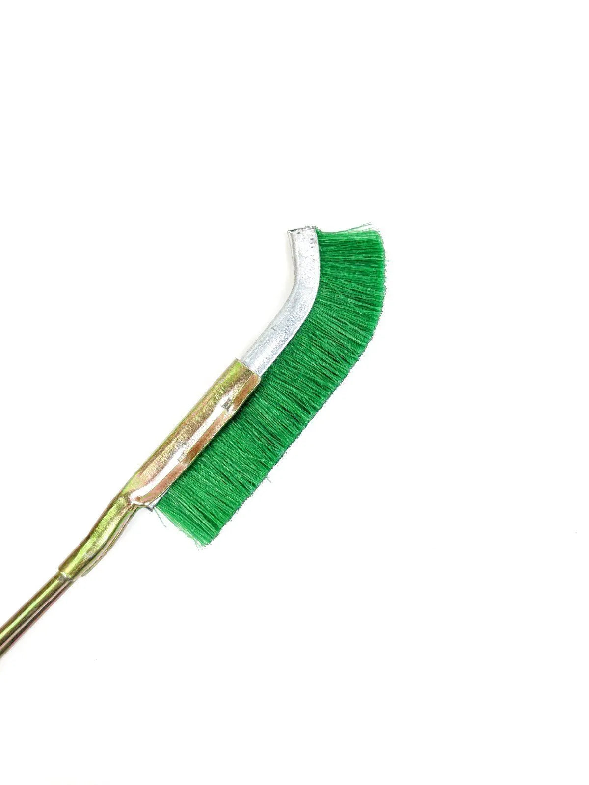 Green mini elbow cleaning brush with nylon wire bristles and metal handle for rust removal tasks