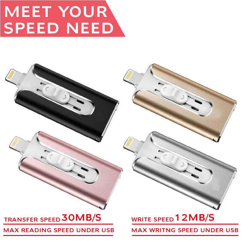 Metal USB flash drive with both USB and Lightning connectors for iPhone Android computer file transfer