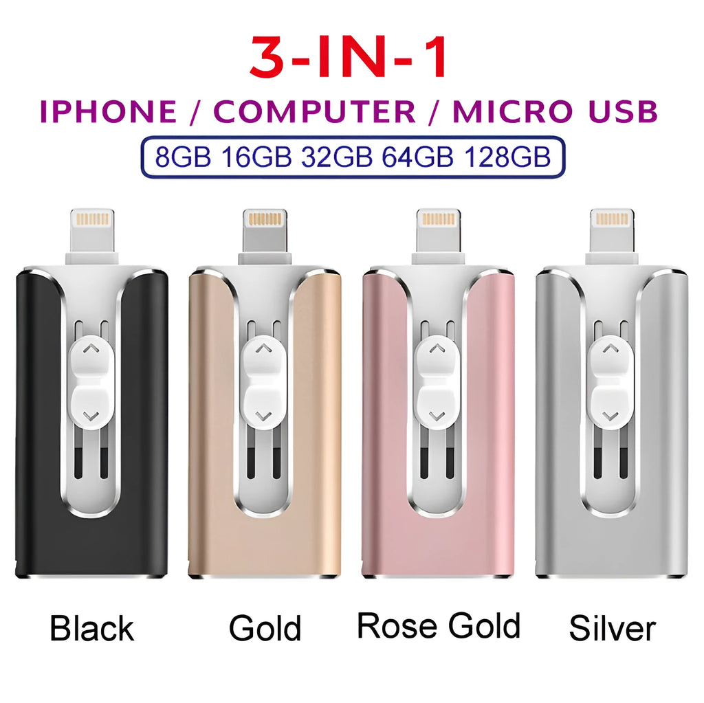 Metal USB flash drive with both USB and Lightning connectors for iPhone Android computer file transfer