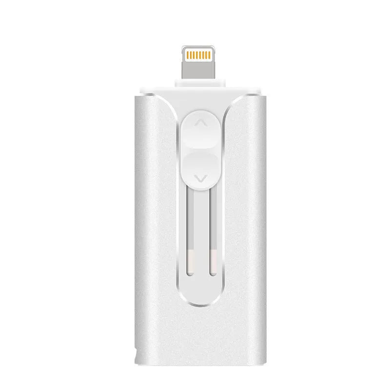 Metal USB flash drive with both USB and Lightning connectors for iPhone Android computer file transfer
