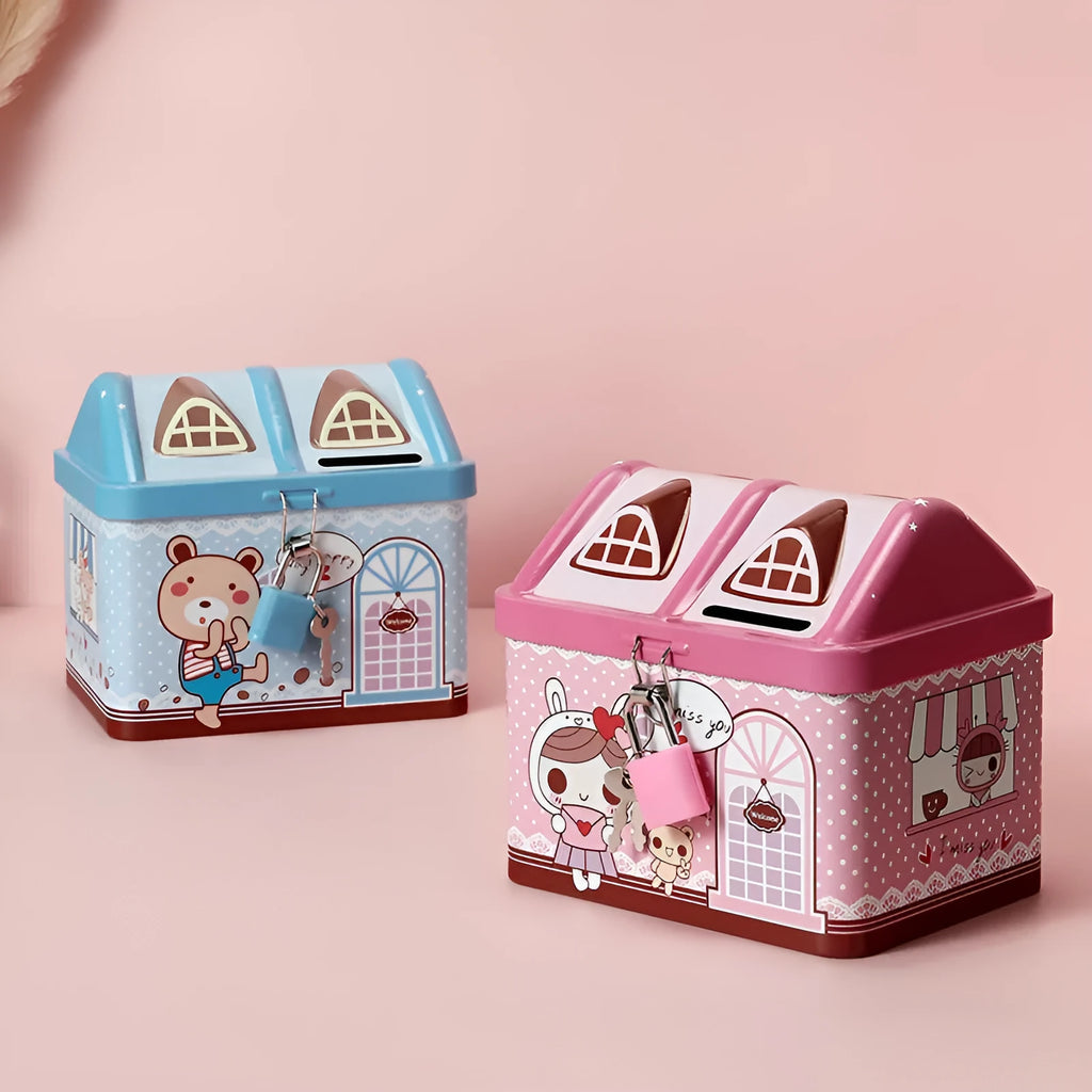 Blue house-shaped tinplate piggy bank for coin storage measuring 112mm tall