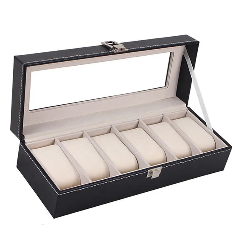 Black wooden watch jewellery box with six transparent display windows showing watch storage compartments