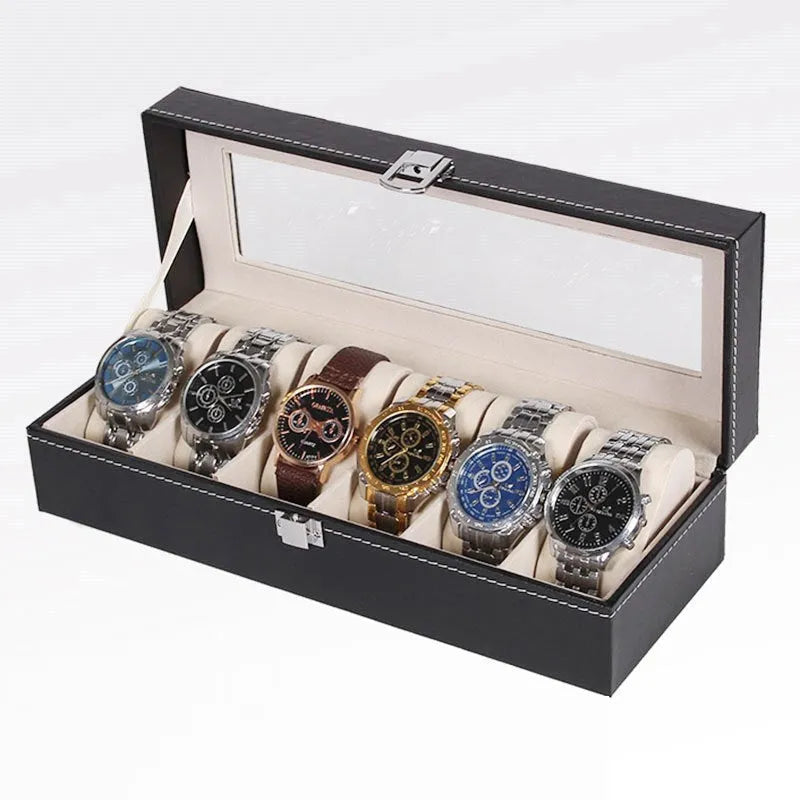 Black wooden watch jewellery box with six transparent display windows showing watch storage compartments