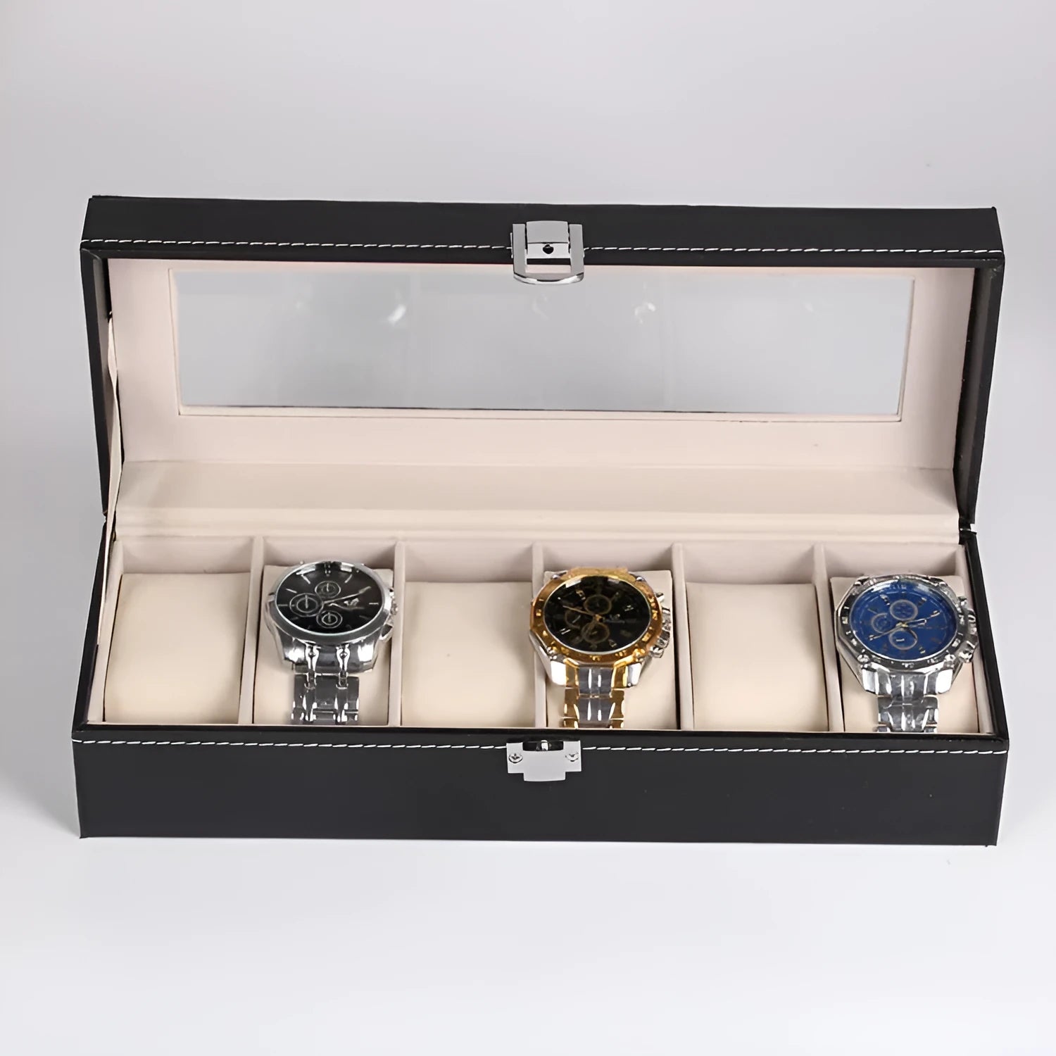 Black wooden watch jewellery box with six transparent display windows showing watch storage compartments
