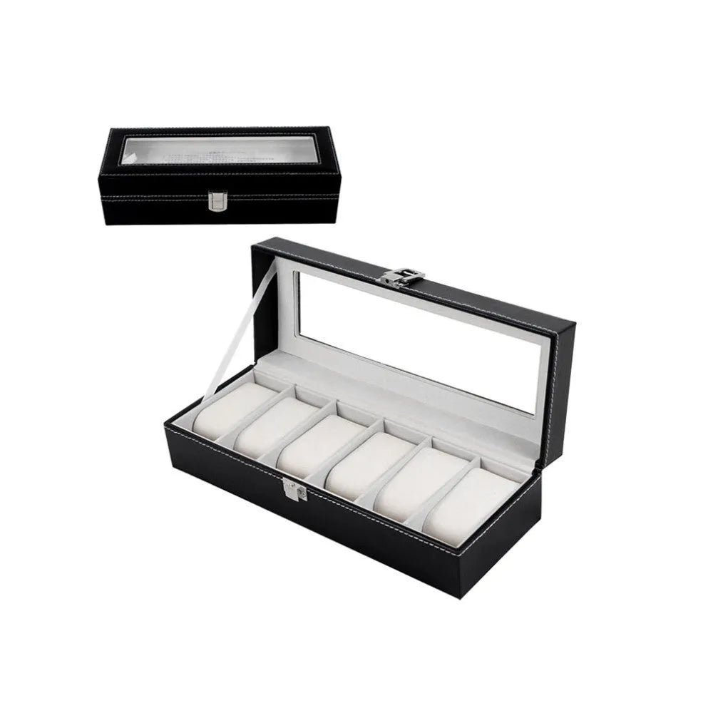 Black wooden watch jewellery box with six transparent display windows showing watch storage compartments