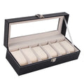 Black wooden watch jewellery box with six transparent display windows showing watch storage compartments