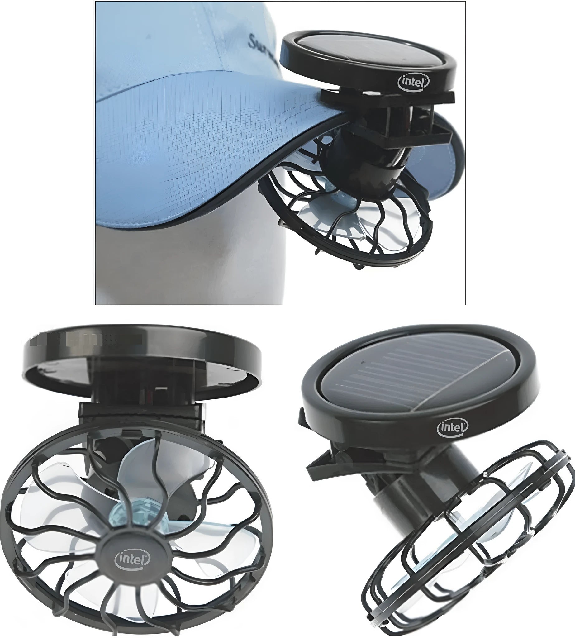 Black solar powered clip-on fan with photovoltaic panel for portable outdoor cooling