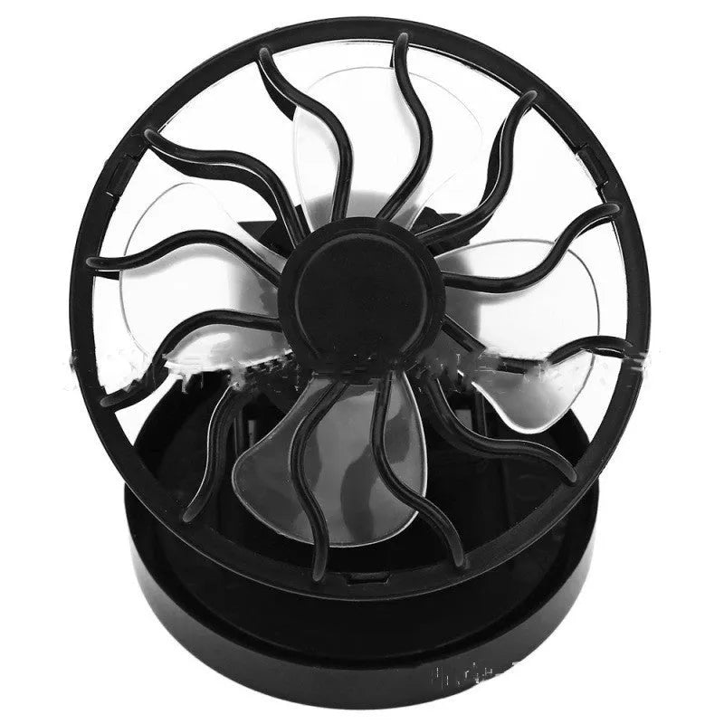 Black solar powered clip-on fan with photovoltaic panel for portable outdoor cooling