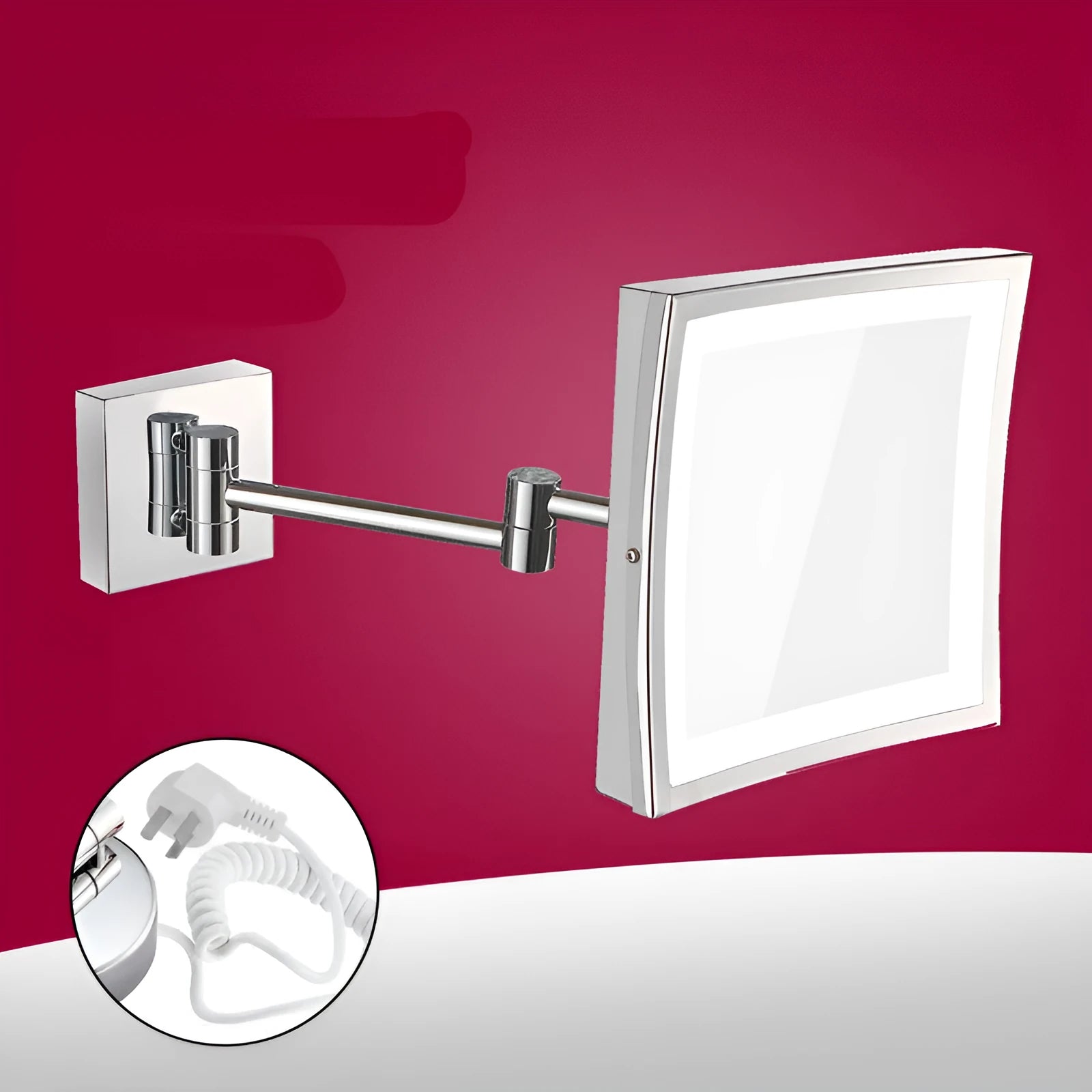 Stainless steel folding bathroom mirror lamp with illuminated frame measuring 200x200mm