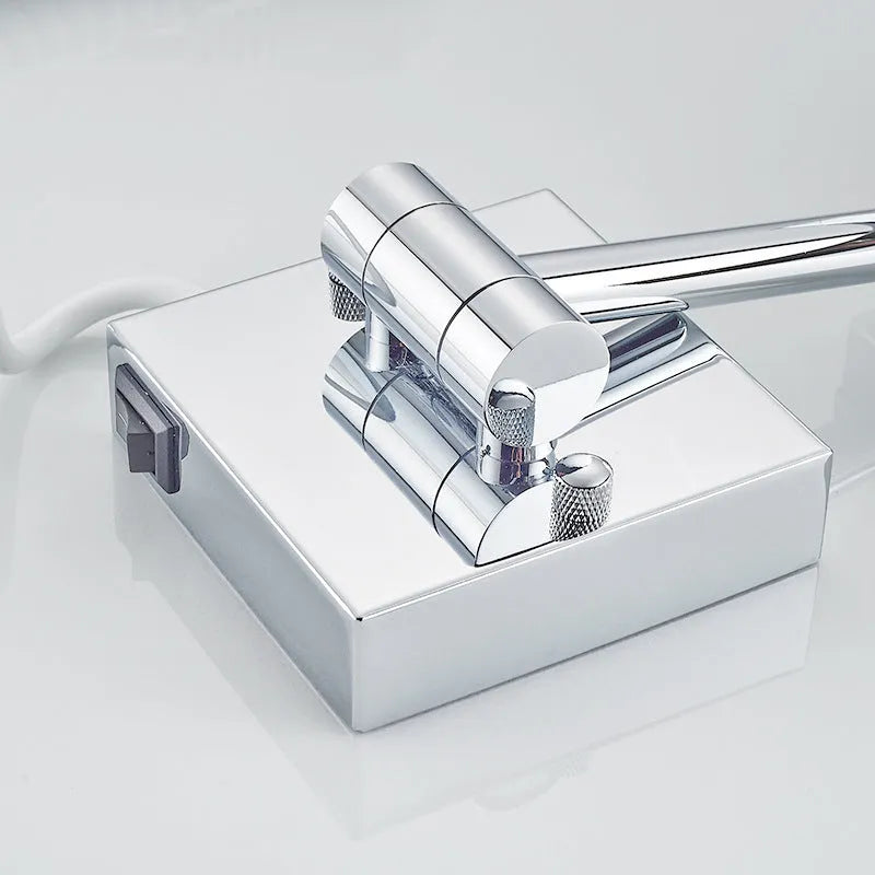 Stainless steel folding bathroom mirror lamp with illuminated frame measuring 200x200mm