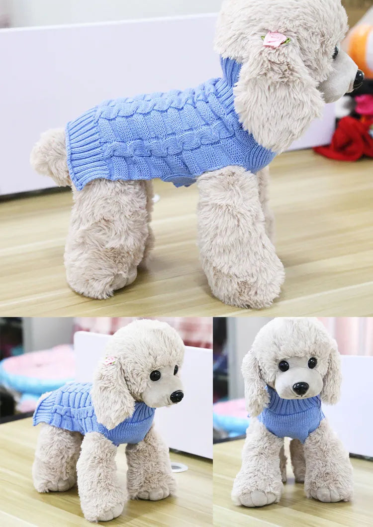 Cashmere wool twisted rope dog sweater shown in a red colour, sized for a medium dog.