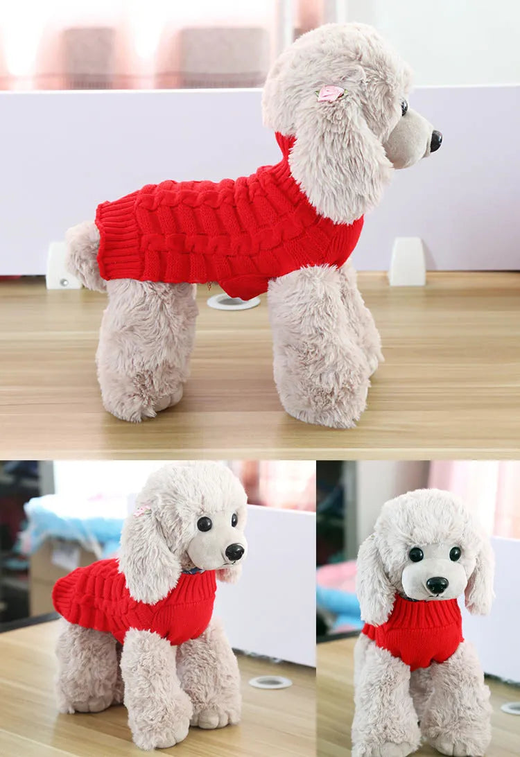 Cashmere wool twisted rope dog sweater shown in a red colour, sized for a medium dog.
