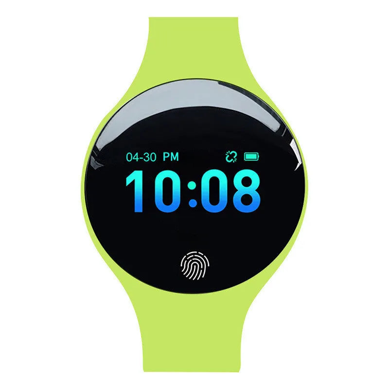 Blue Bluetooth smart watch with pedometer and vibrating alarm on a wrist, showing a 0.66-inch colour screen.