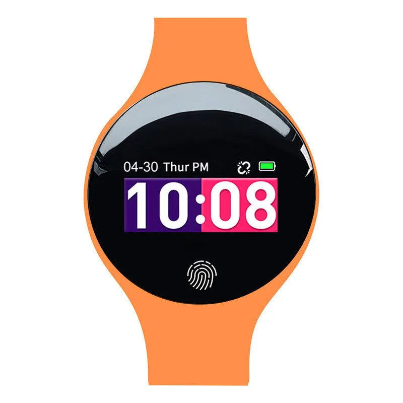 Blue Bluetooth smart watch with pedometer and vibrating alarm on a wrist, showing a 0.66-inch colour screen.