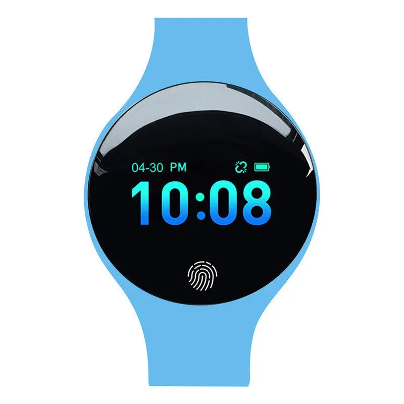 Blue Bluetooth smart watch with pedometer and vibrating alarm on a wrist, showing a 0.66-inch colour screen.