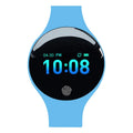 Blue Bluetooth smart watch with pedometer and vibrating alarm on a wrist, showing a 0.66-inch colour screen.