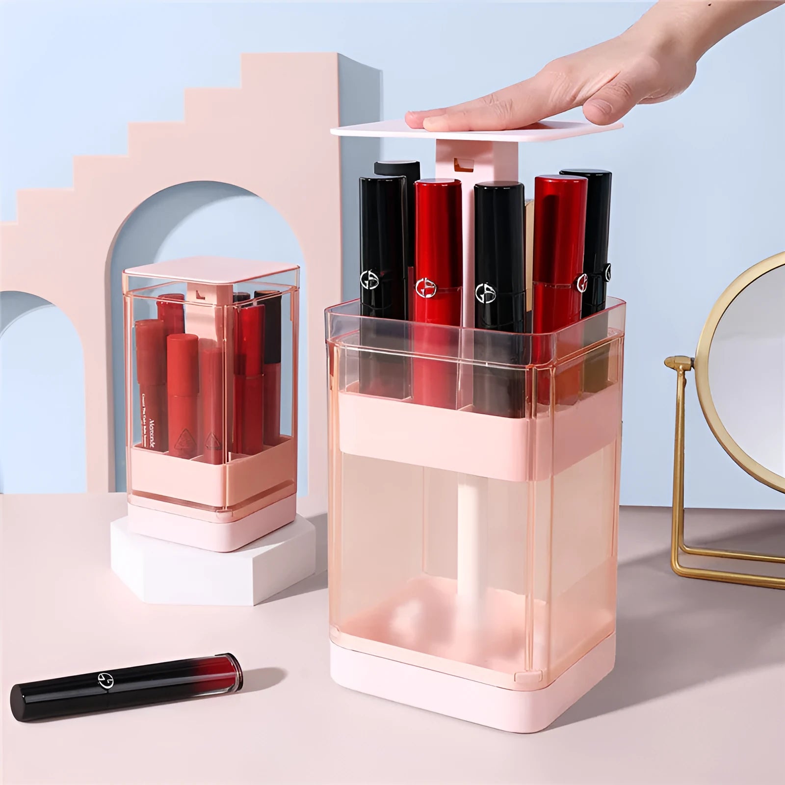 Press-to-lift lipstick storage box with dust-proof cover in pink or white colour options