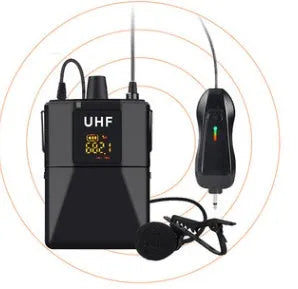 Black wireless lavalier microphone with clip for lapel attachment