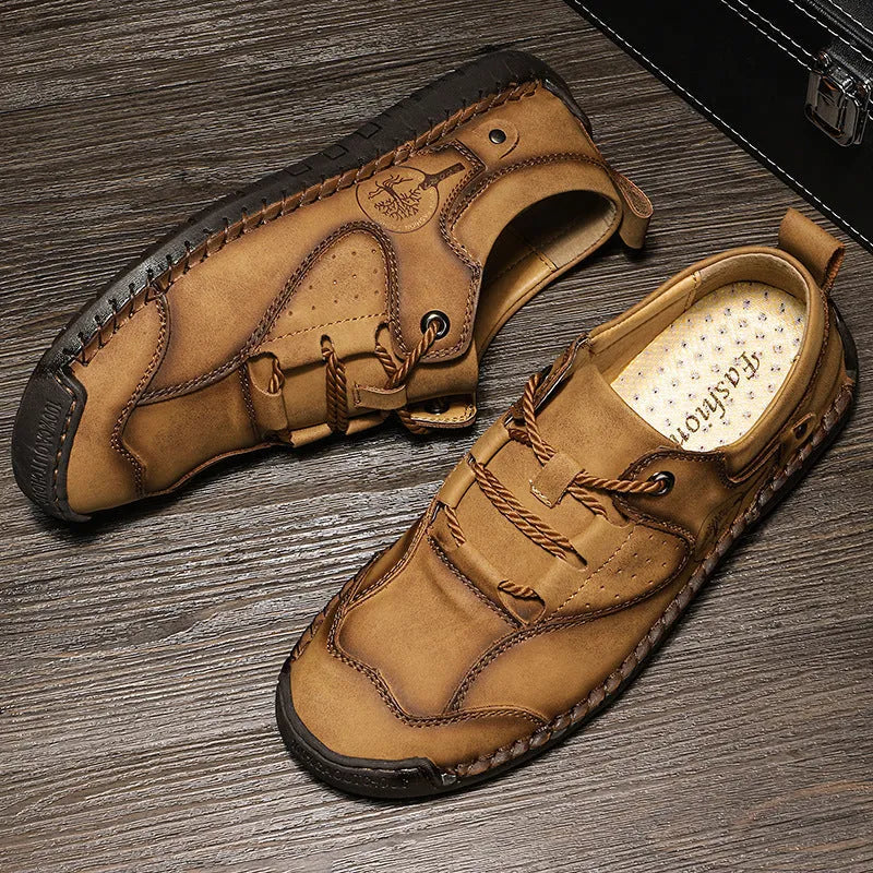 Men's casual leather shoes with round toe and microfiber uppers in black, gold and khaki colours