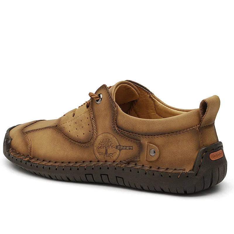 Men's casual leather shoes with round toe and microfiber uppers in black, gold and khaki colours