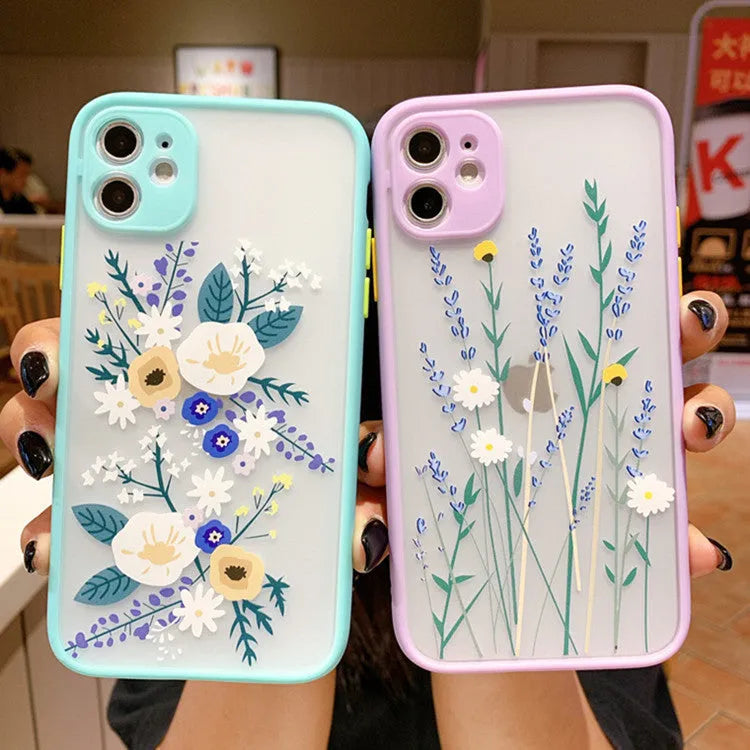 Cartoon floral painted matte frame TPU skin phone case for iPhone in Pink Lavender colour
