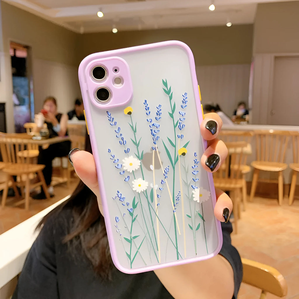 Cartoon floral painted matte frame TPU skin phone case for iPhone in Pink Lavender colour
