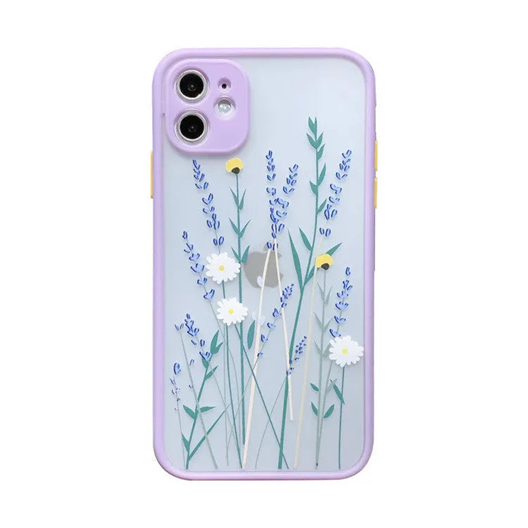 Cartoon floral painted matte frame TPU skin phone case for iPhone in Pink Lavender colour