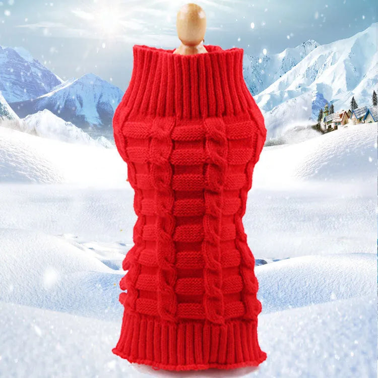 Cashmere wool twisted rope dog sweater shown in a red colour, sized for a medium dog.