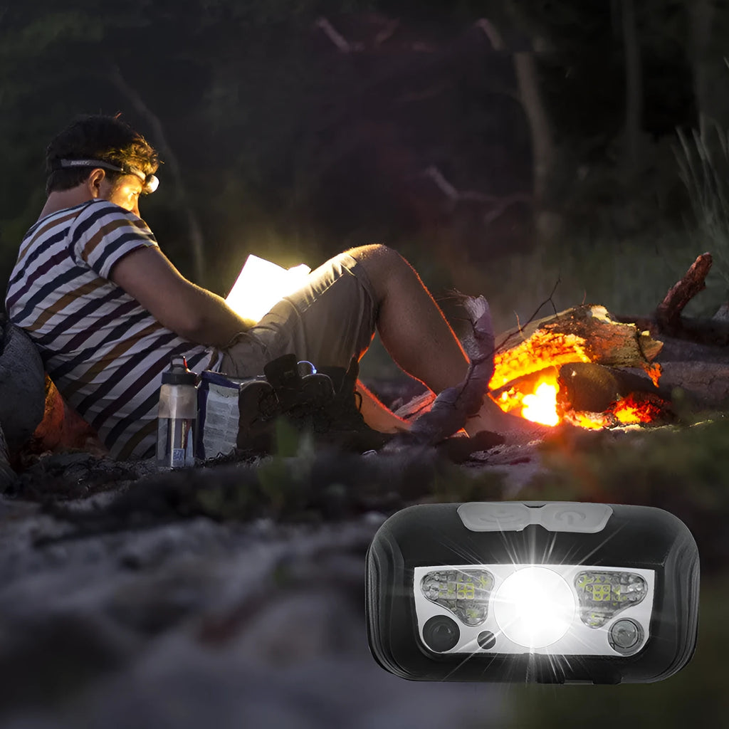 Black and blue USB rechargeable sensor headlight with white and red LED lights