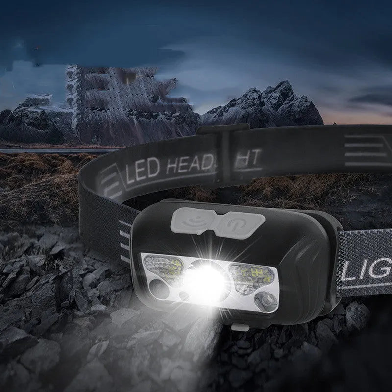 Black and blue USB rechargeable sensor headlight with white and red LED lights
