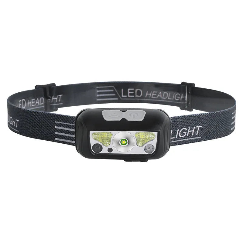 Black and blue USB rechargeable sensor headlight with white and red LED lights