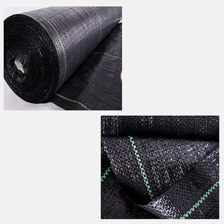 Black polyethylene composite woven weed control cloth for farmland and greenhouse use.